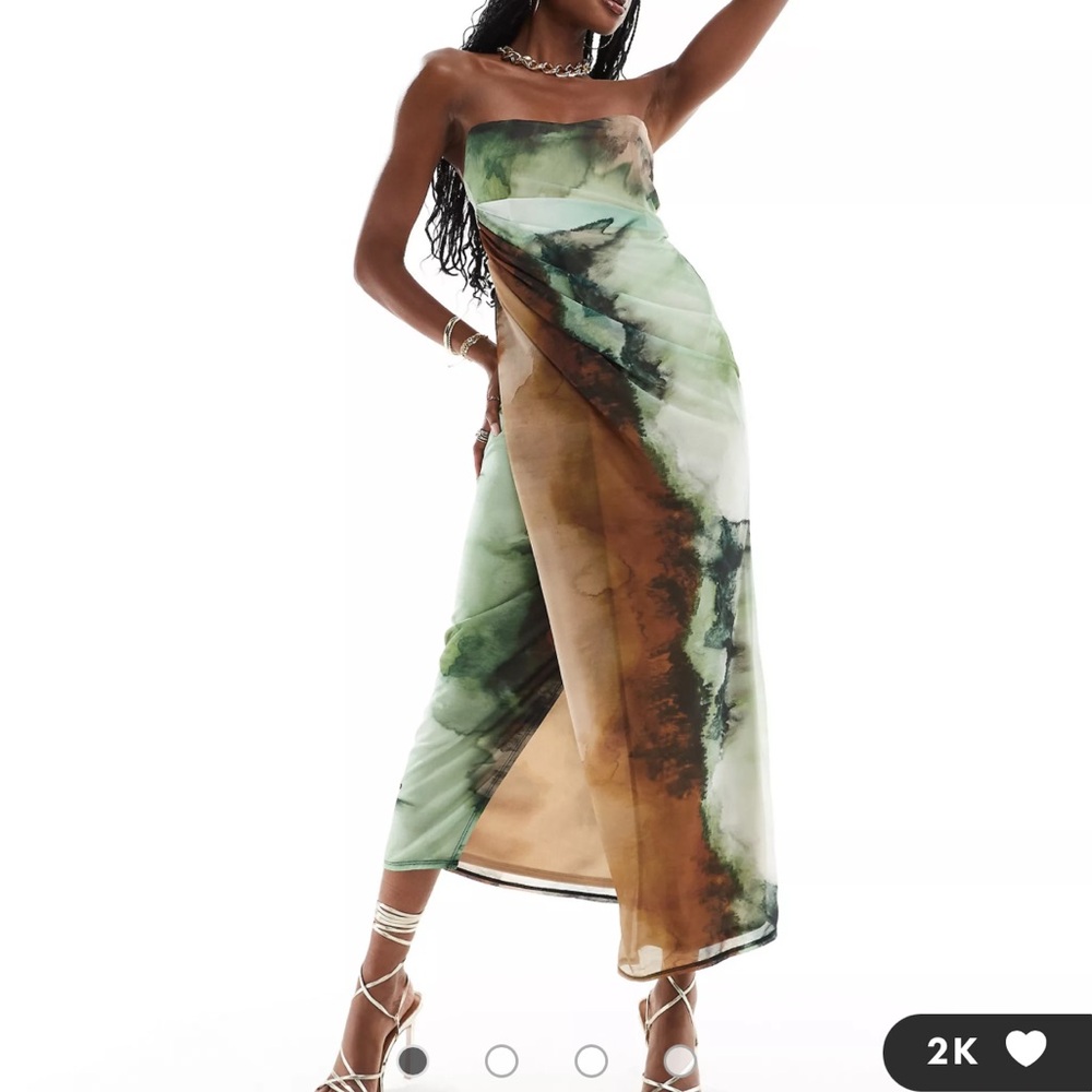 ASOS DESIGN mesh bandeau maxi dress with draped skirt in tonal marble print